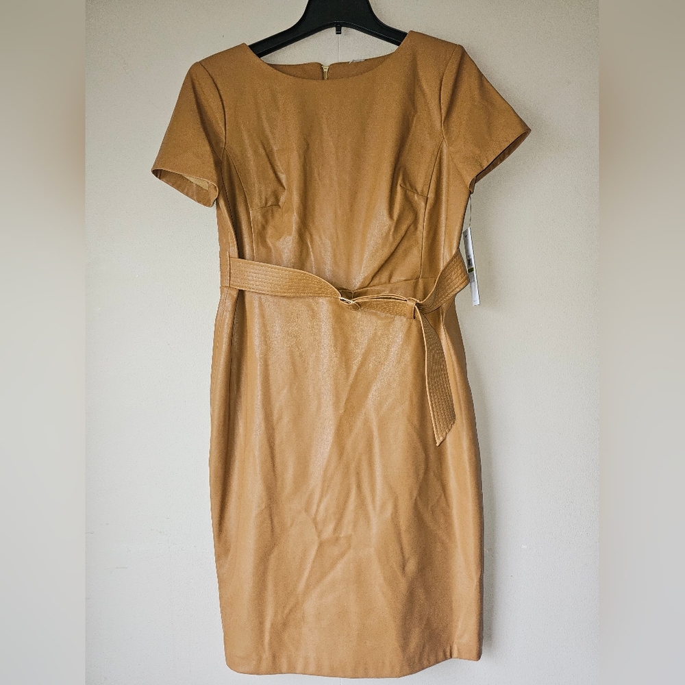 Calvin Klein Faux Leather Belted Sheath Dress NWT Luggage Brown - Picture 11 of 16